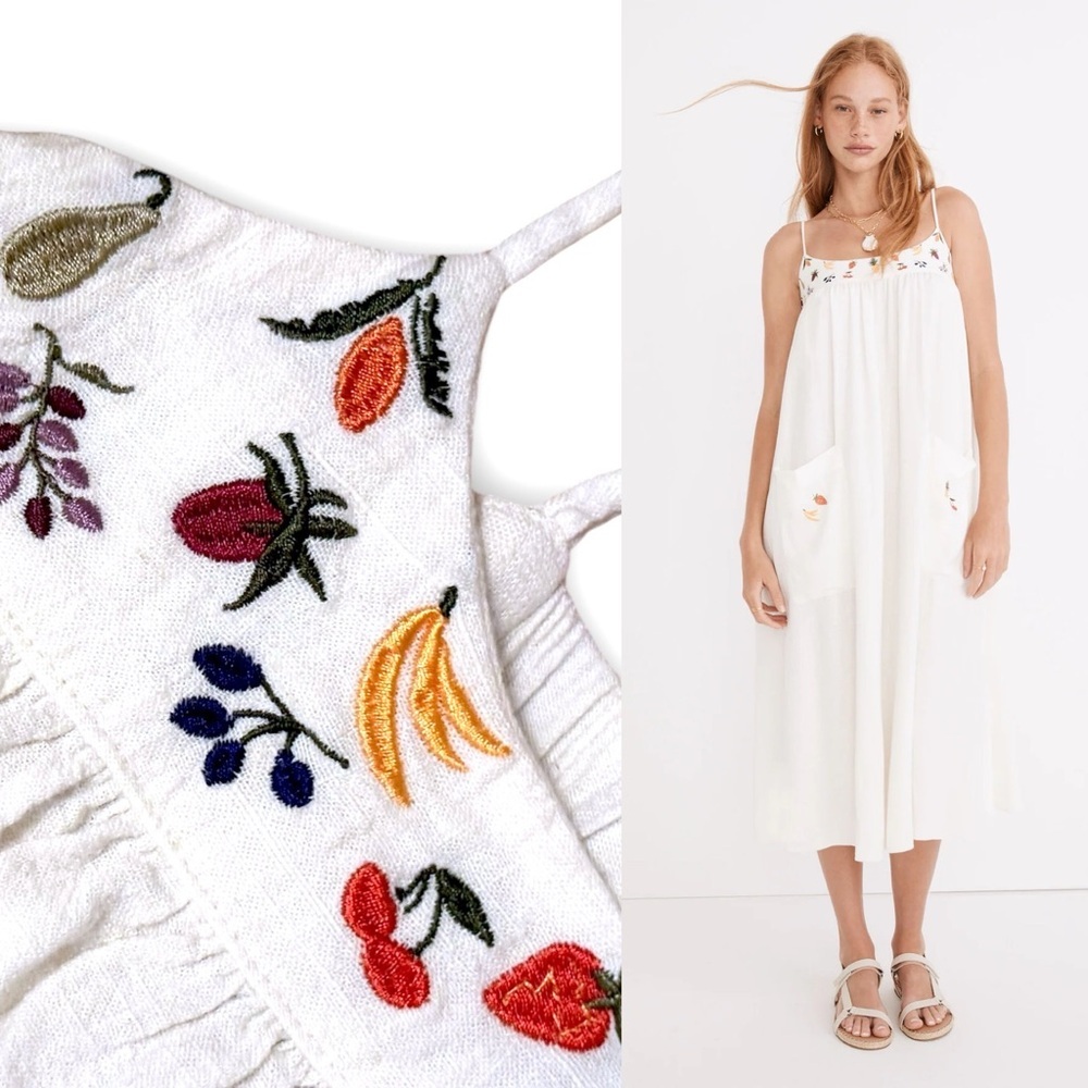 Madewell Fresca Fruit Embroidered Cami Midi Dress White Loose Pockets Size XS